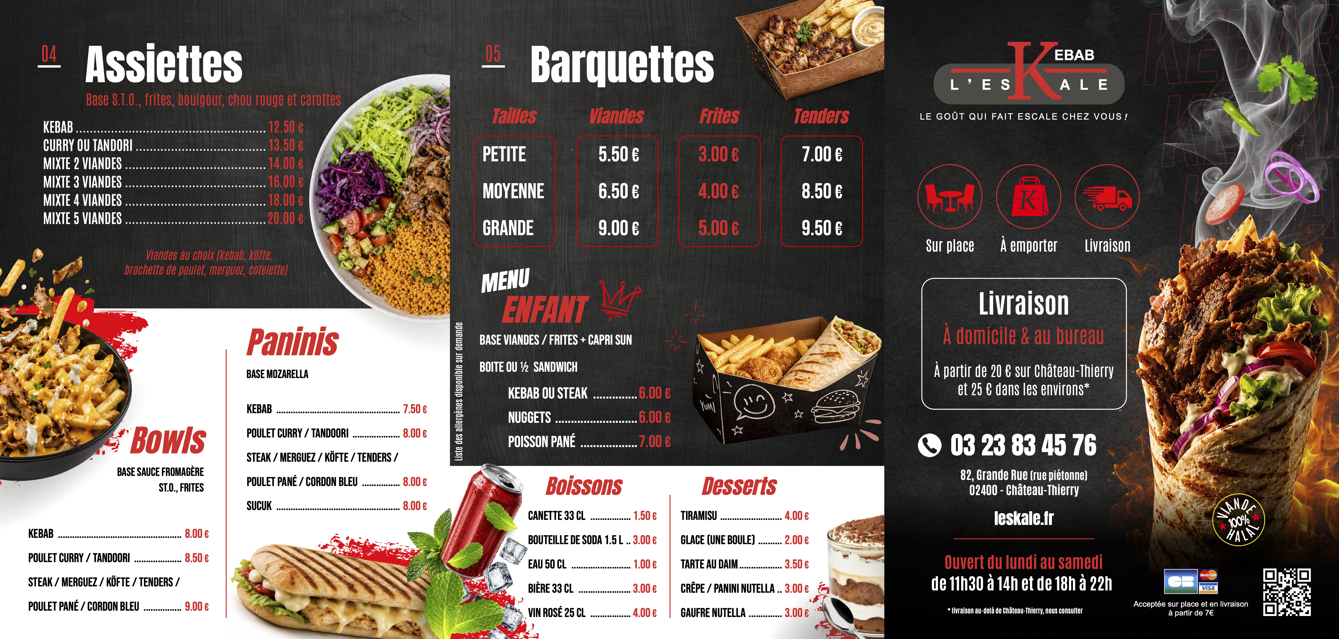 Carte l'Eskale Kebab page 1 : assiettes, barquettes, bowls, paninis, boissons, desserts et livraison