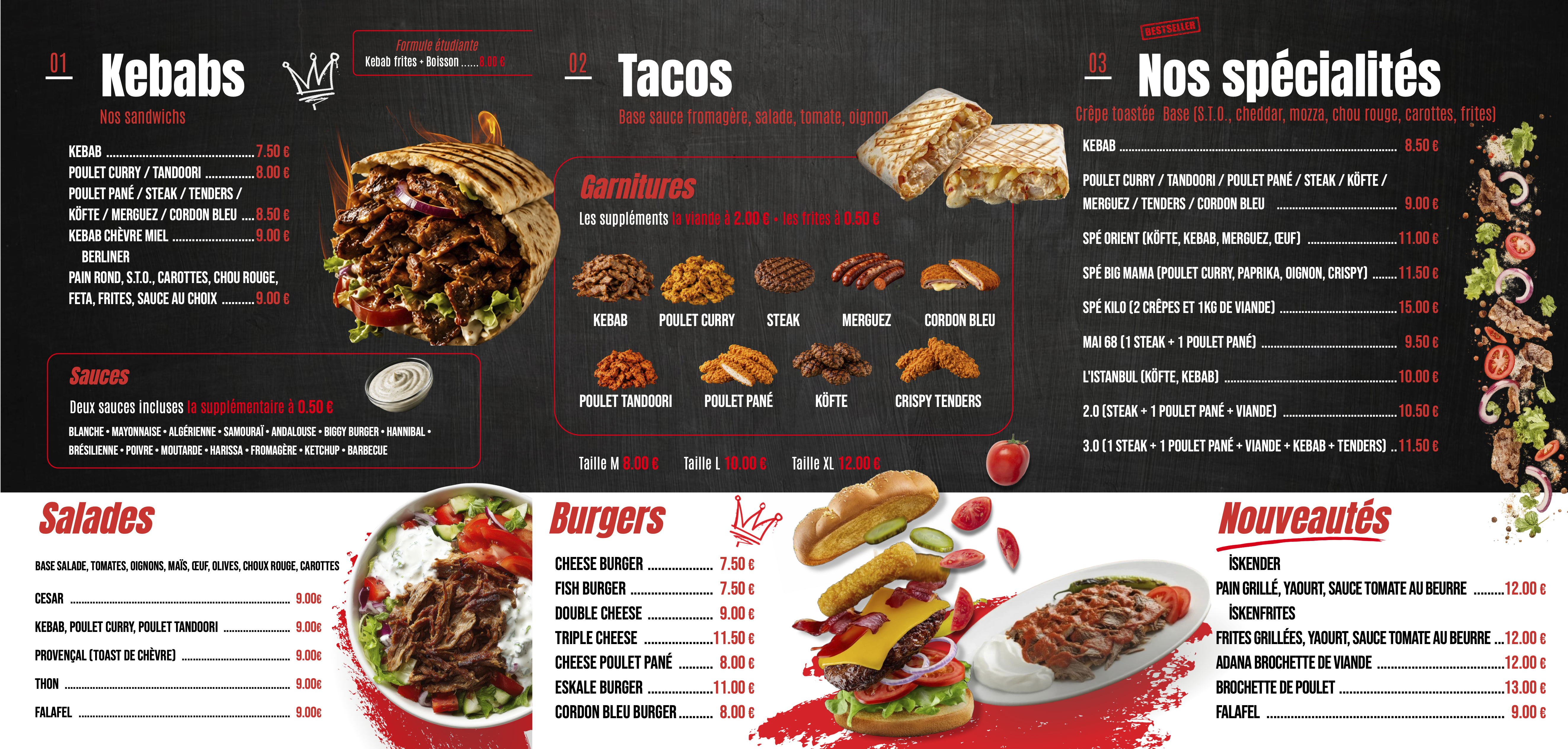 Carte l'Eskale Kebab page 2 : kebabs, tacos, spécialités, salades, burgers et nouveautés